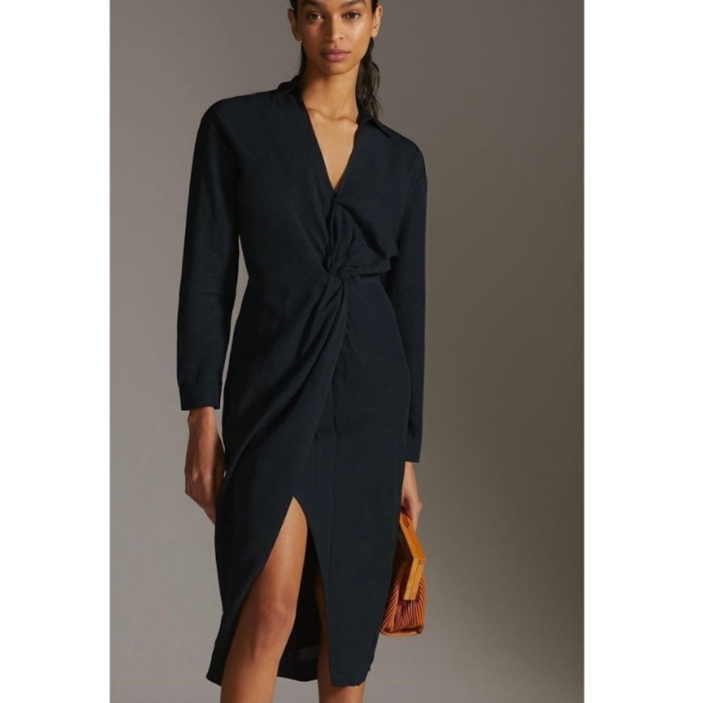 Anthropologie by v neck knot front midi dress in black size 8